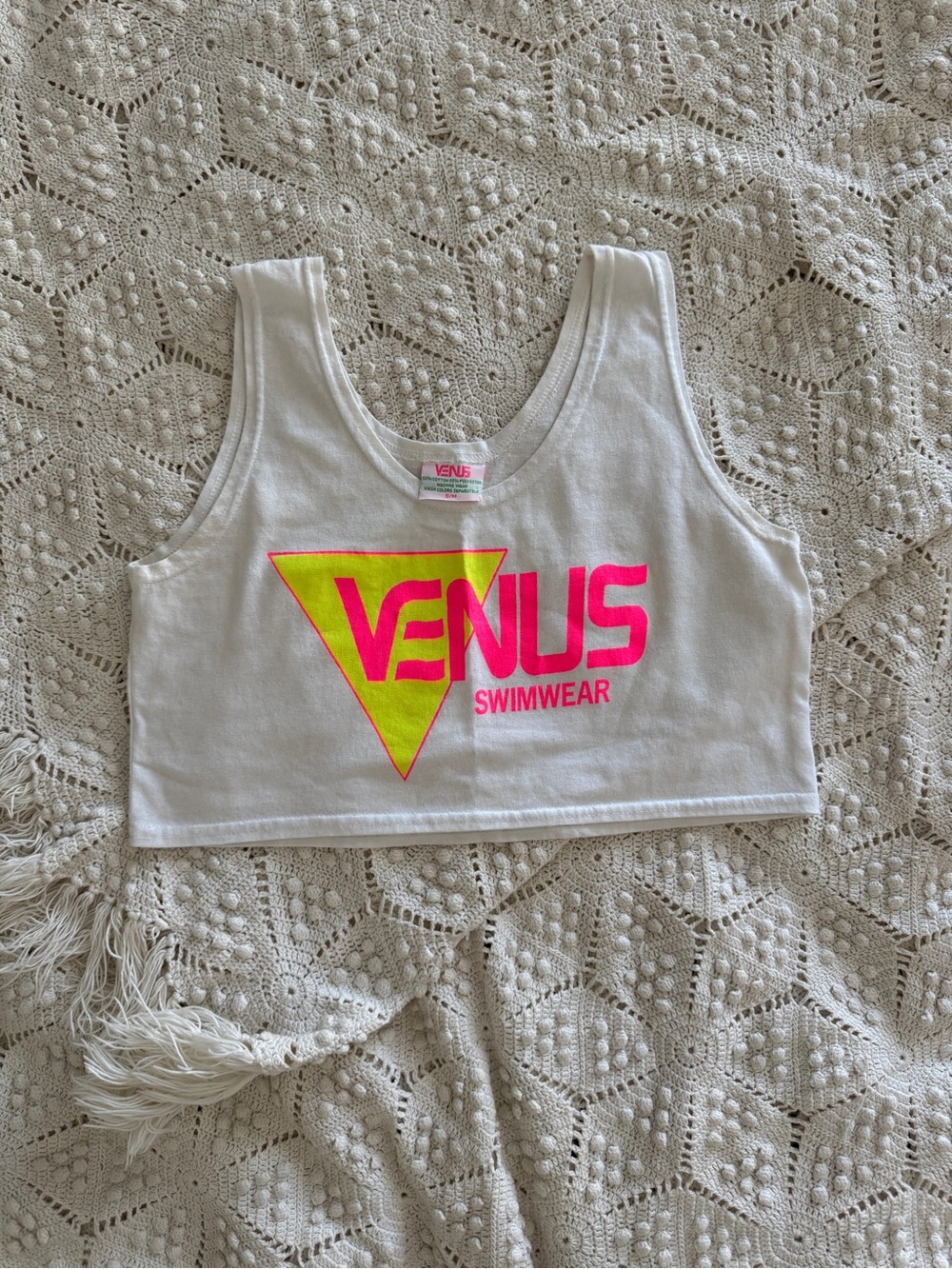 Vintage VENUS White Cropped Tank Top with Neon Pink and Neon Yellow Logo